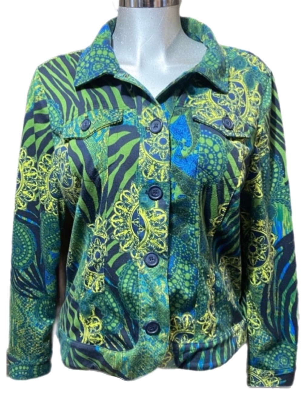Attyre Paisley Vibrant Soft Jacket Green/Blue Farm Rio Boho Eclectic Size Large - Picture 3 of 11
